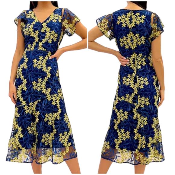 Sam Edelman NWT Embroidered Midi Dress Size 0 V-neck Cutout Shoulder Cobalt Blue - Picture 1 of 11